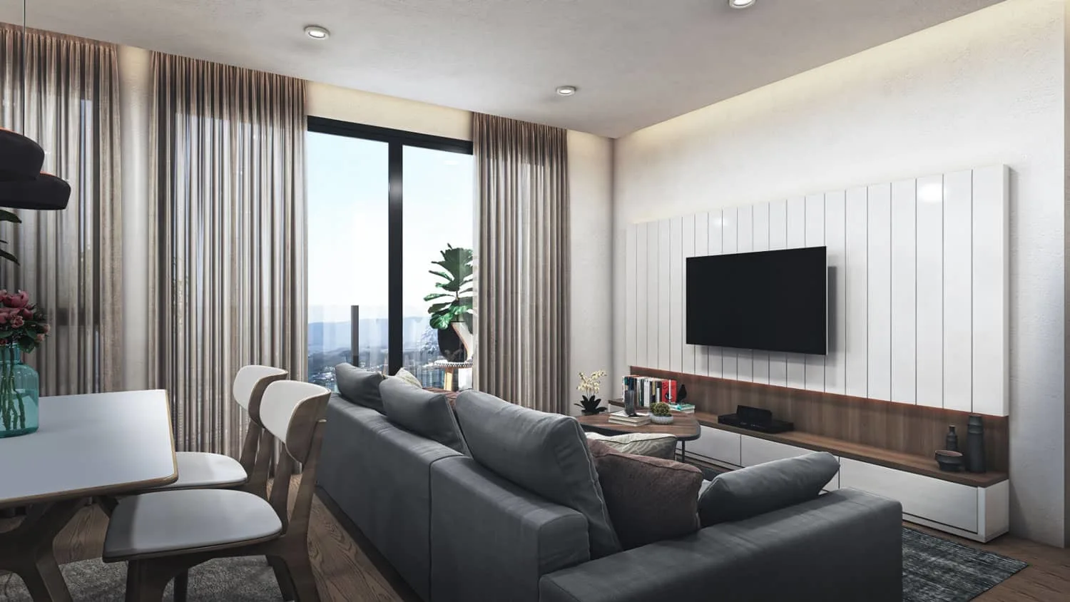 Mahogany Residences Living room and dining area with a sofa, TV, and dining table. in Kota Damansara, Leasehold property development, render