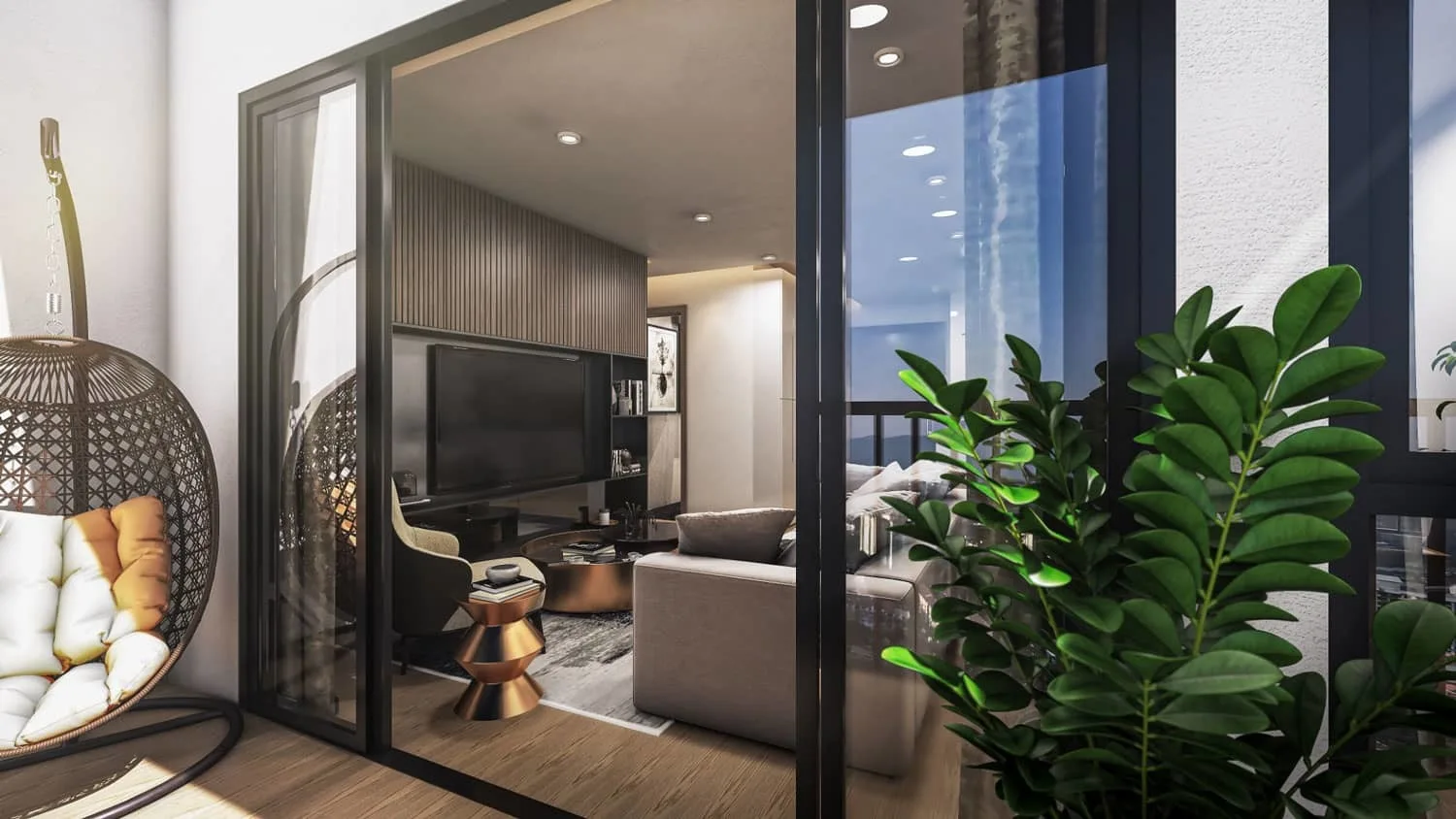 Mahogany Residences A view of the living room and balcony with a hanging chair. in Kota Damansara, Leasehold property development, render