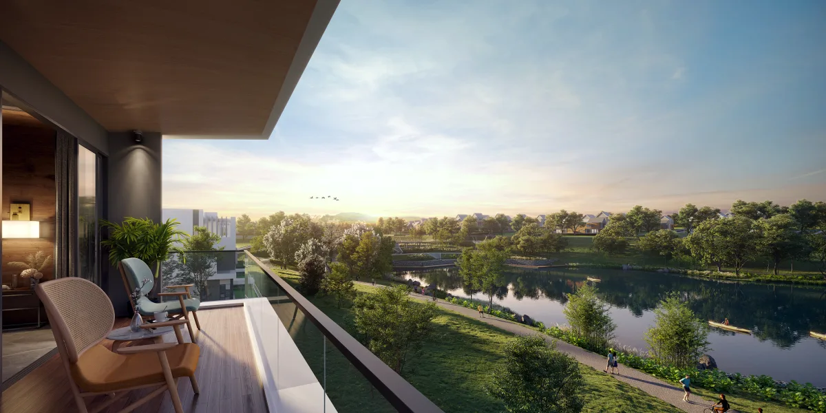 Monarc Balcony view overlooking a lake and park in Rawang, Leasehold property development, render