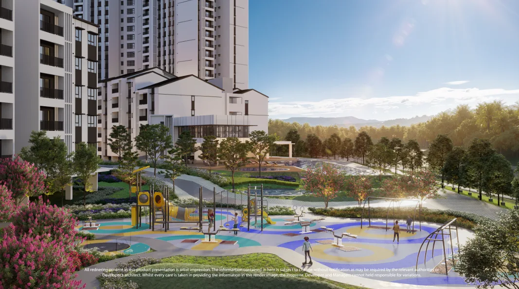 Myra Cove The image shows a playground and outdoor fitness area with the building in the background. in Cyberjaya, Freehold property development, render