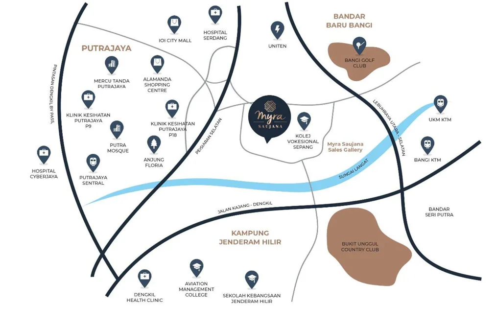 Myra Saujana This is a location map showing the proximity of Myra Saujana to nearby landmarks and amenities in Putrajaya, Dengkil, and Bandar Baru Bangi. in Dengkil, Freehold property development, location-map