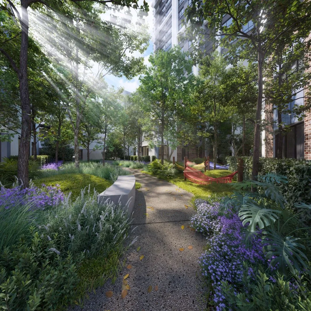 Est 8 @ Seputeh Image shows a garden area with a pathway, benches, and lush greenery, with a building in the background. in Seputeh, Leasehold property development, render