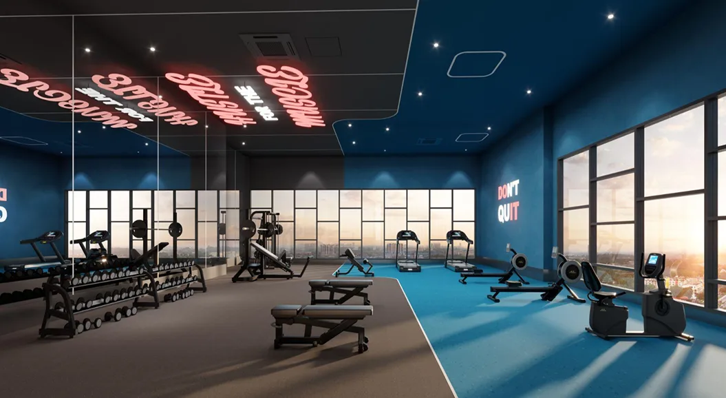 New Project Located in Kebun Teh This image shows the gym facility with various equipment and large windows. in Johor Bahru, Leasehold property development, render