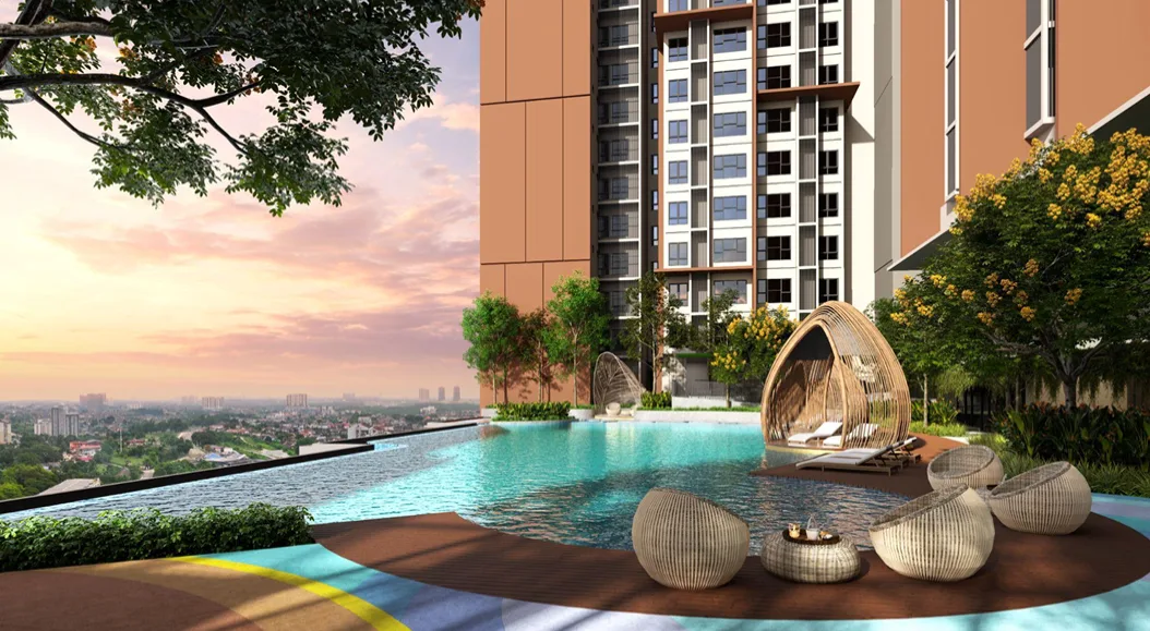 New Project Located in Kebun Teh Image shows the infinity pool with city view and building exterior. in Johor Bahru, Leasehold property development, render