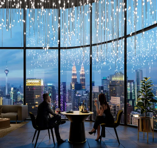Orion Residence  A couple enjoying wine in a high-rise apartment with a panoramic view of the Kuala Lumpur skyline, including the Petronas Twin Towers. in Bukit Bintang, Freehold property development, render