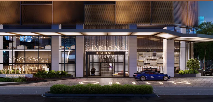 Orion Residence  Building entrance of Orion Residence with a car parked in front. in Bukit Bintang, Freehold property development, render