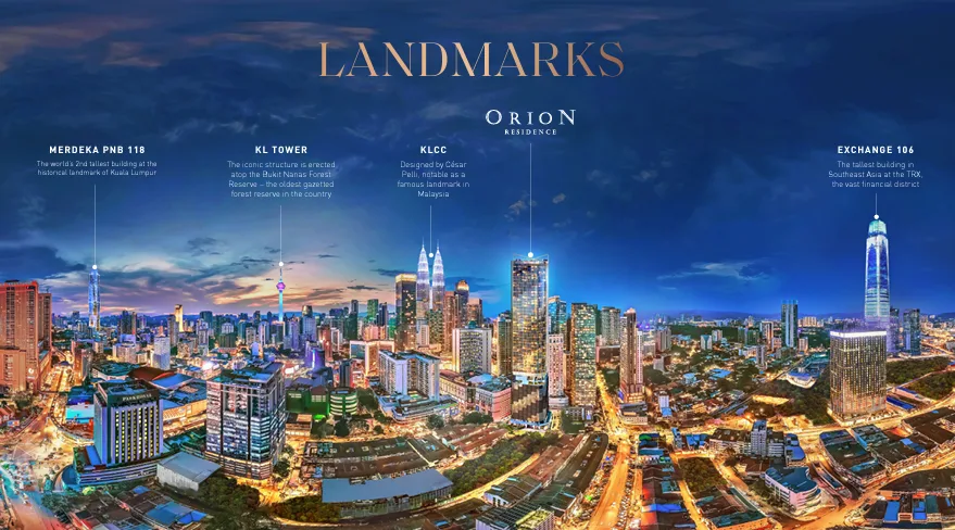 Orion Residence  The image shows an aerial view of Kuala Lumpur at night, highlighting landmarks such as Merdeka PNB 118, KL Tower, KLCC, and Exchange 106, with Orion Residence indicated as well. in Bukit Bintang, Freehold property development, render