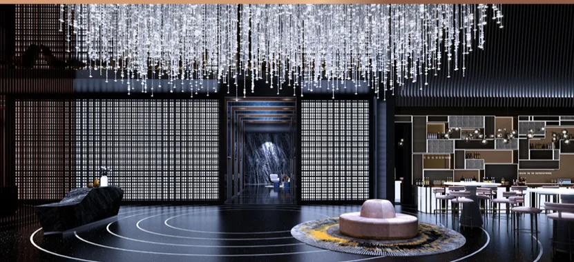 Orion Residence  This image shows the interior of the Orion Residence lobby with a large chandelier, seating area, and decorative wall. in Bukit Bintang, Freehold property development, render