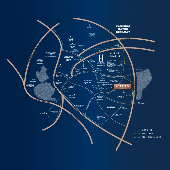 Orion Residence  Location map showing the Orion Residence in relation to Kuala Lumpur and surrounding areas, including transportation lines. in Bukit Bintang, Freehold property development, location-map