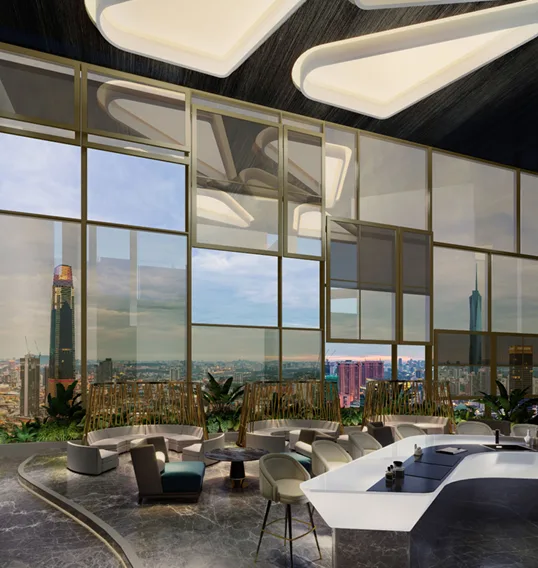 Orion Residence  Image shows a rooftop lounge area with seating, a bar, and a panoramic view of the Kuala Lumpur skyline. in Bukit Bintang, Freehold property development, render