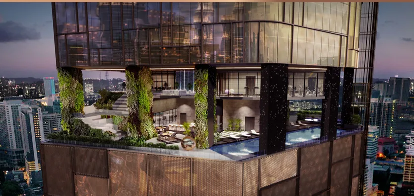 Orion Residence  The image shows a render of the Orion Residence building exterior, focusing on the rooftop facilities including a swimming pool, lounge area, and green walls. in Bukit Bintang, Freehold property development, render