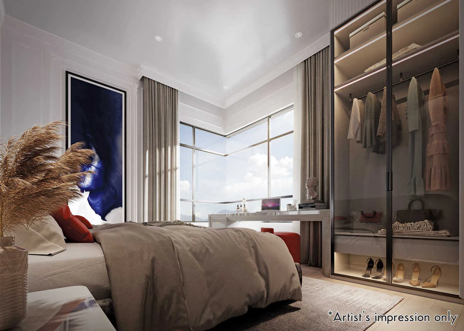 Palazzo @ Ipoh Garden East A bedroom interior with a bed, wardrobe, desk, and large windows. in Ipoh, Leasehold property development, render