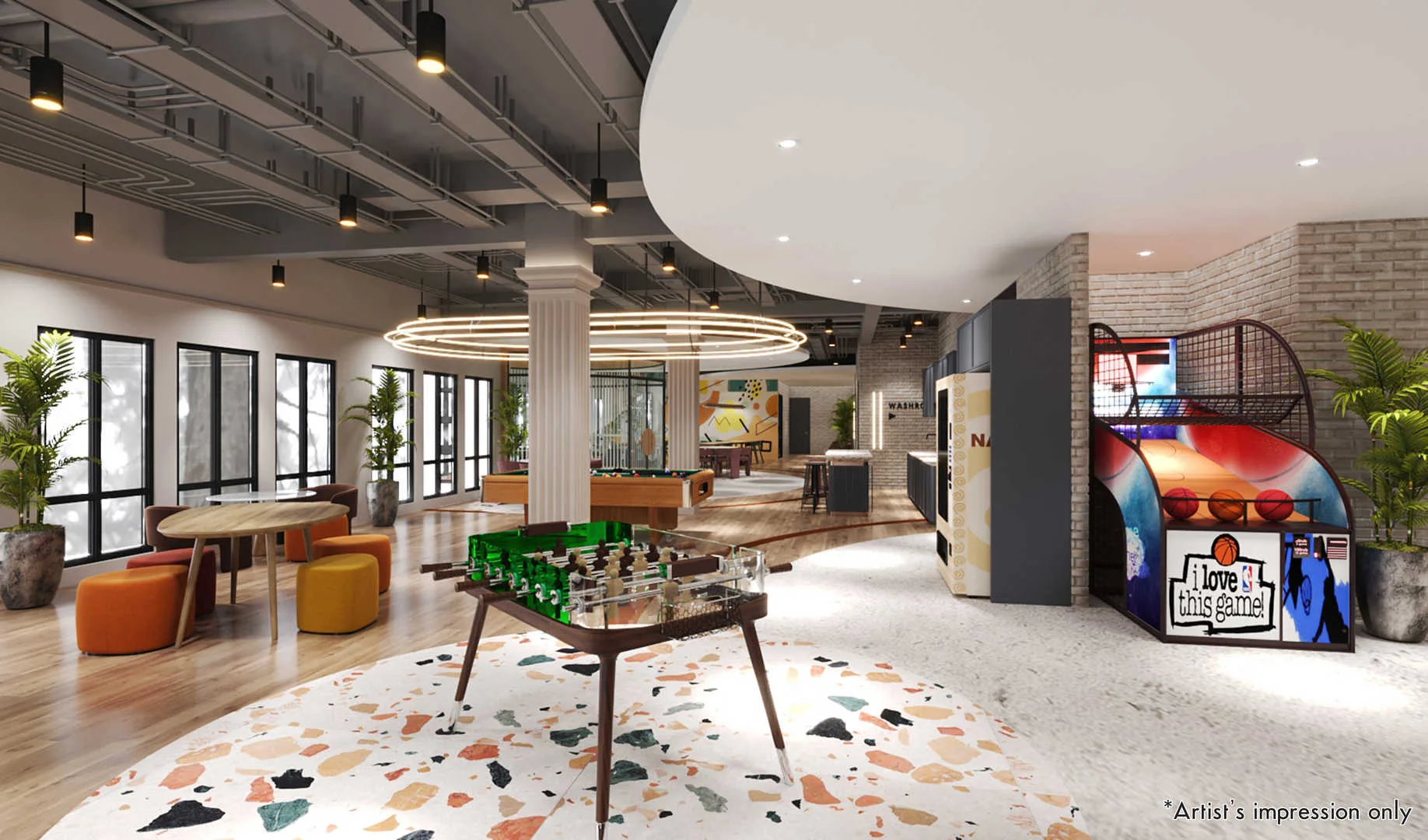 Palazzo @ Ipoh Garden East The image shows the interior of a games room with a foosball table, basketball arcade game, pool table, and seating area. in Ipoh, Leasehold property development, render