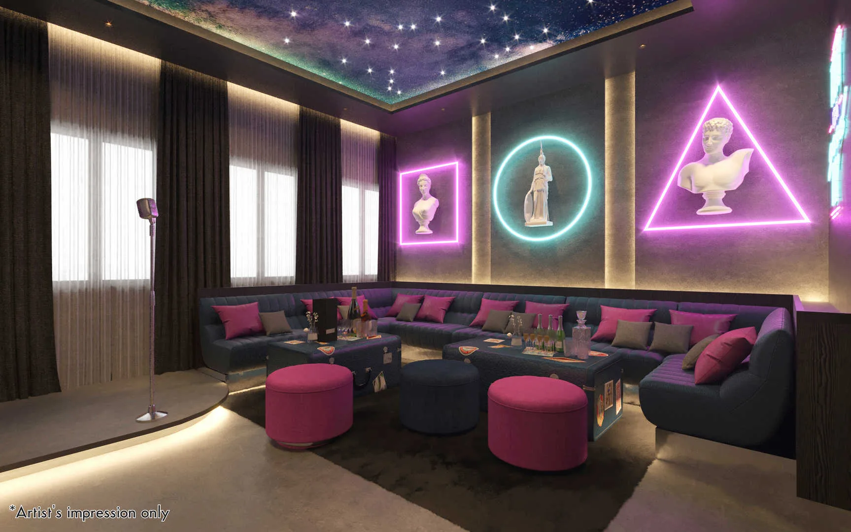 Palazzo @ Ipoh Garden East This image shows a karaoke room with a long sofa, coffee tables, and neon art on the wall. in Ipoh, Leasehold property development, render
