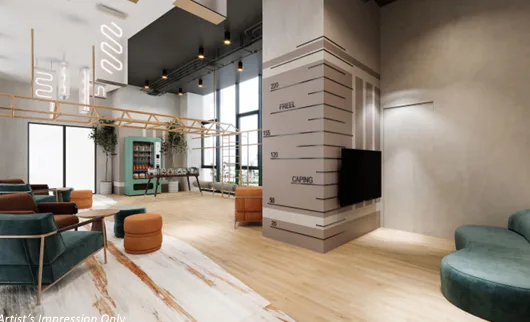 Papyrus - North Kiara The image shows a lounge area with seating, a vending machine, and a foosball table. in Dutamas, Freehold property development, render