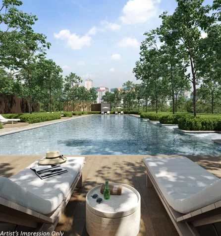 Papyrus - North Kiara The image shows a long swimming pool with lounge chairs and greenery surrounding it. in Dutamas, Freehold property development, render