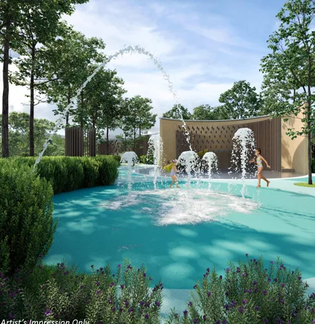Papyrus - North Kiara The image shows a water play area with fountains and children playing in it. in Dutamas, Freehold property development, render