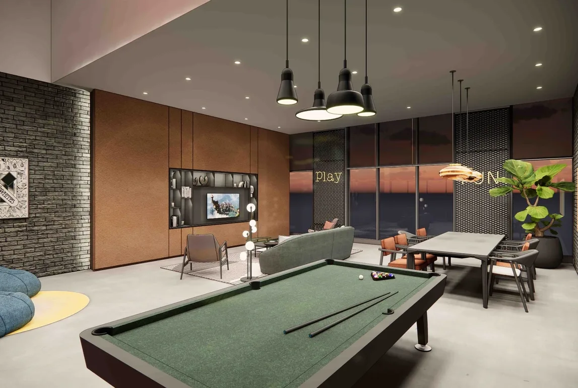 REN Residence Image shows the interior of a game room with a pool table, seating area, and dining table. in Bukit Jalil, Leasehold property development, render