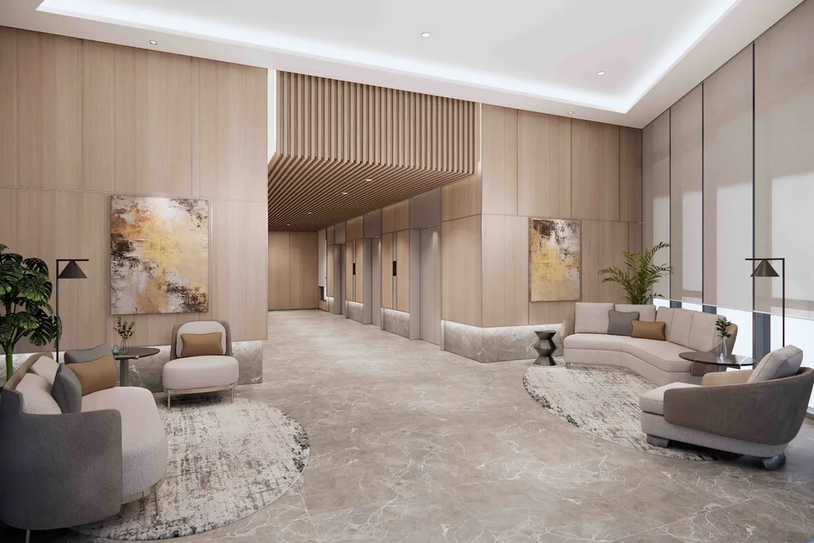 REN Residence This image shows the interior of a lobby with seating areas, artwork, and elevator access. in Bukit Jalil, Leasehold property development, render