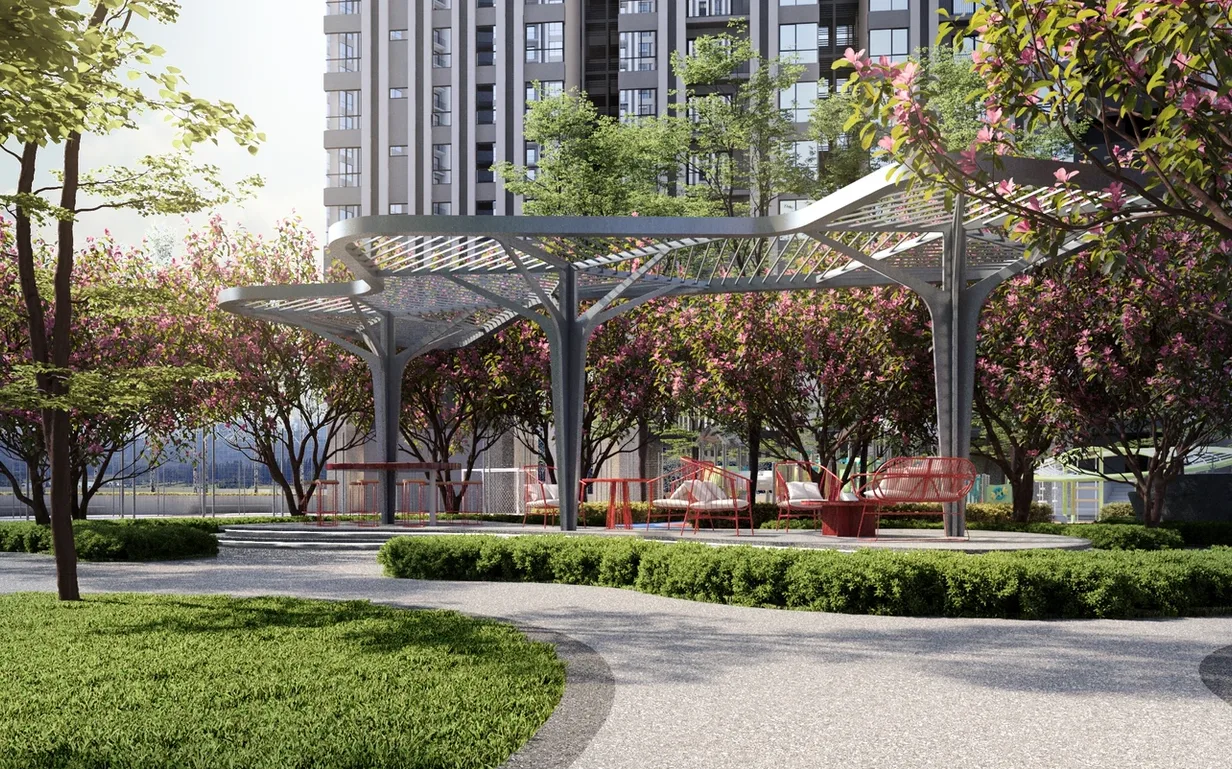 REN Residence The image shows an outdoor seating area with a metal pergola, surrounded by trees and greenery, with the building in the background. in Bukit Jalil, Leasehold property development, render