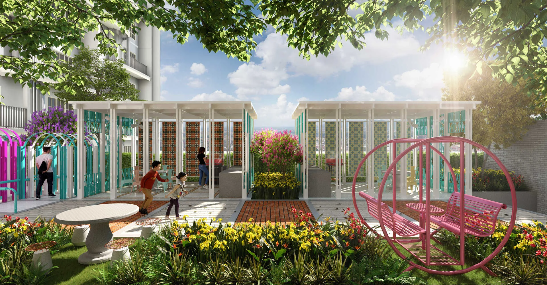 Stallionz Image shows a children's playground with colorful play structures and seating areas. in Ipoh, Leasehold property development, render